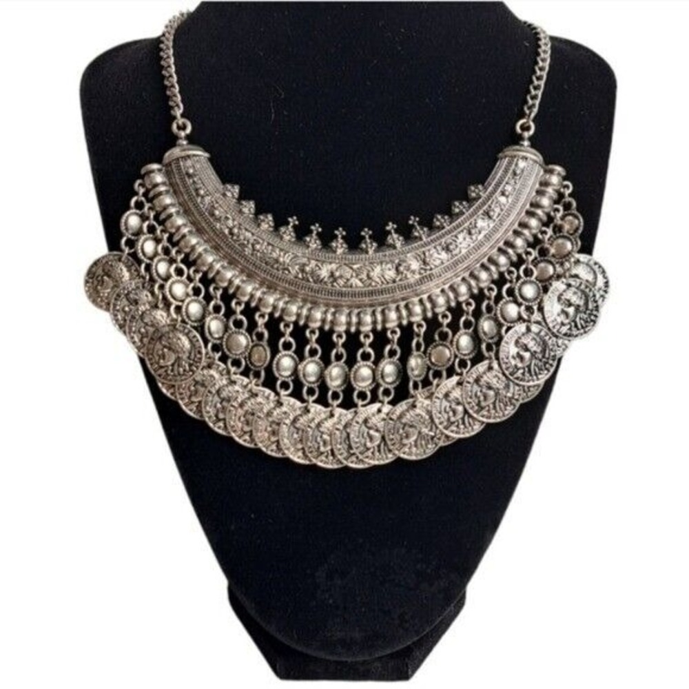 Women's Silver Tone Boho Bohemian Coins Bib Egyptian Style Necklace 9.5 Inches